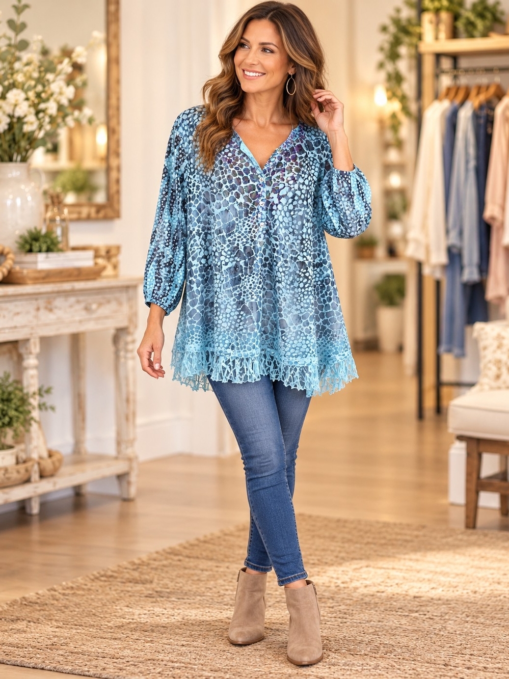 Ali Miles Blue Animal Printed V-Neck Lace-Hem Tunic 2x Boho, Festival